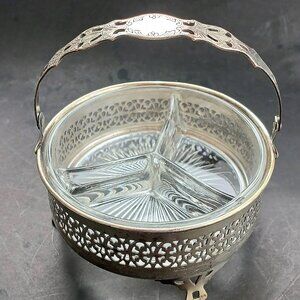 Silverplate Pierced Filigree Footed Basket Divided Glass Insert Art Deco 1930s